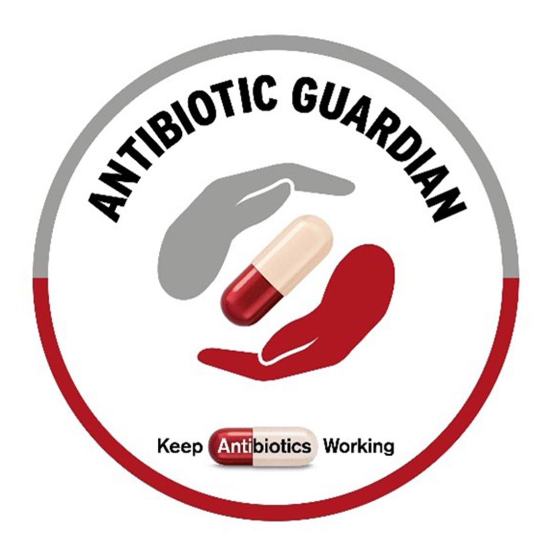 Circular inmage showing a grey and red hand graphic surrounding an antibiotic pill. Text reads Antibiotic Guardian