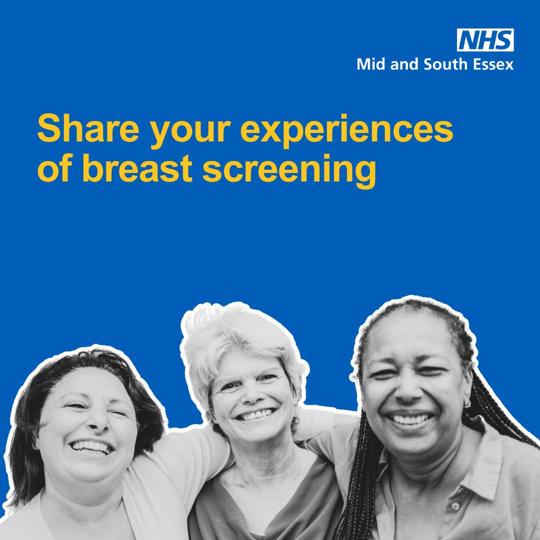 Three women smiling at the camera in mono tone on a blue background. Text reads share your experience of breast screening