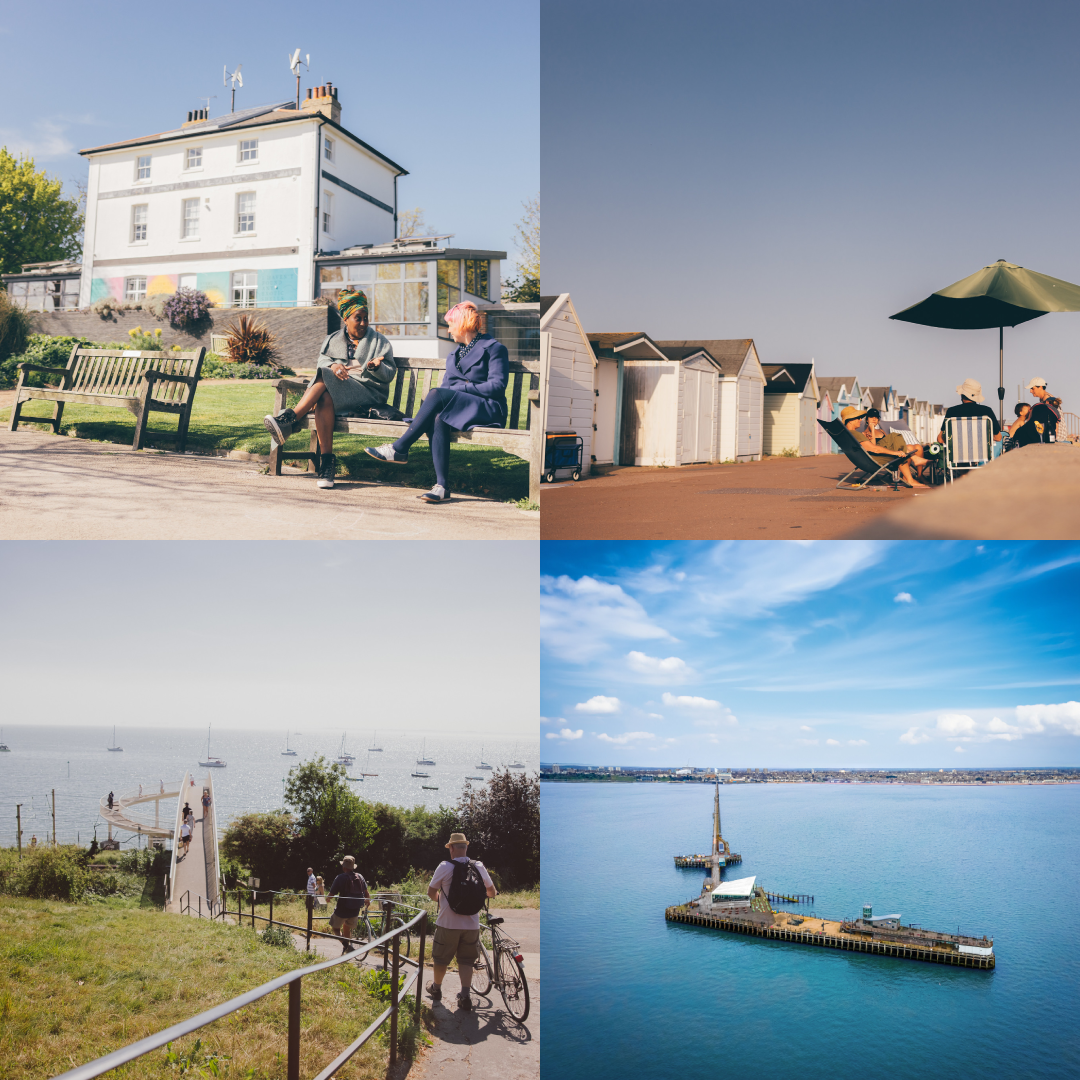 Our city vision images. A beach scene with people relaxing under a large umbrella near a line of beach huts, a path leading down to the seaside, a view of our pier from out at sea and 2 people are sitting on a bench outside a white building.