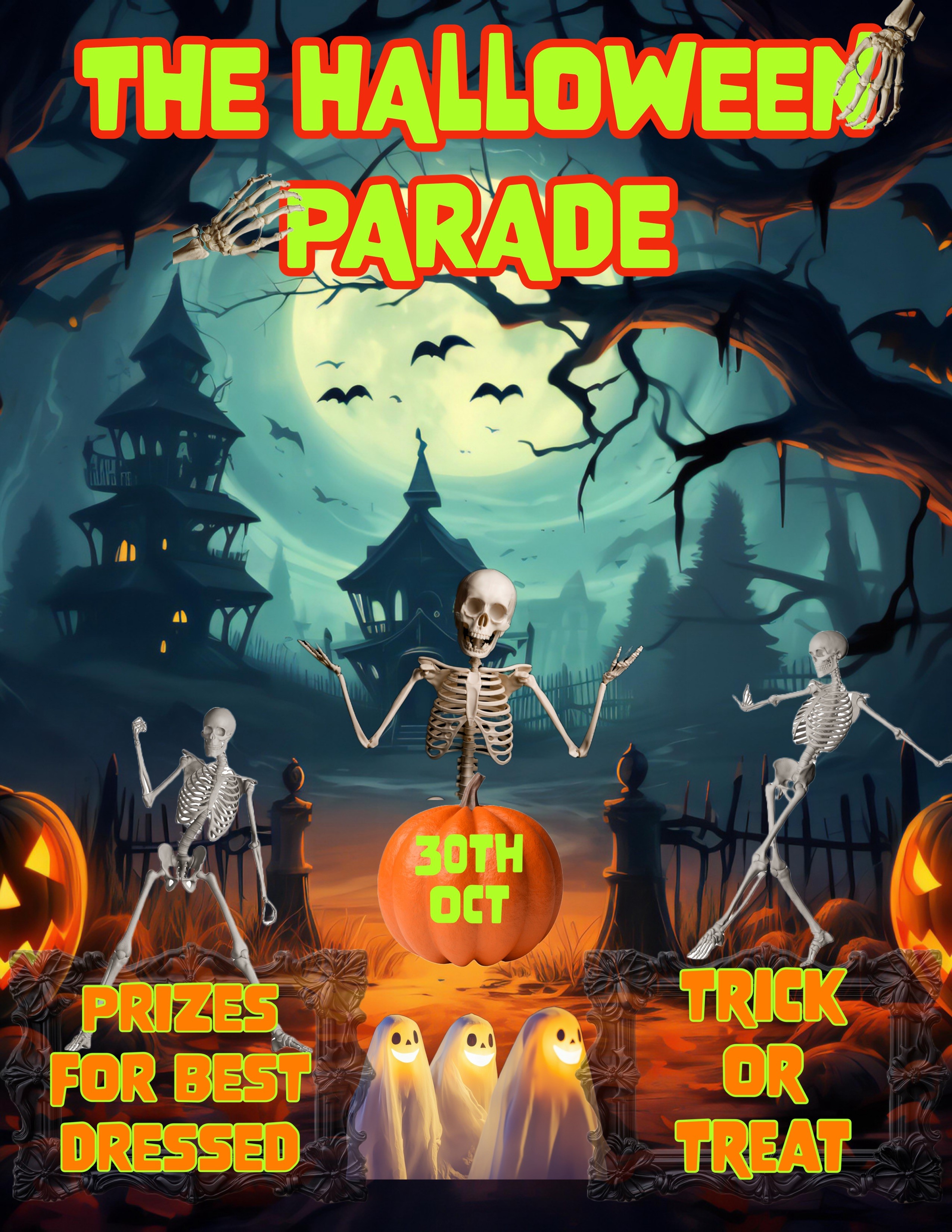 A poster in dark colours with hunted houses, skeleton, ghost and bats.