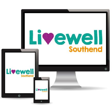 The Livewell Southend logo showing on a desktop computer screen, a tablet screen and a mobile phone screen