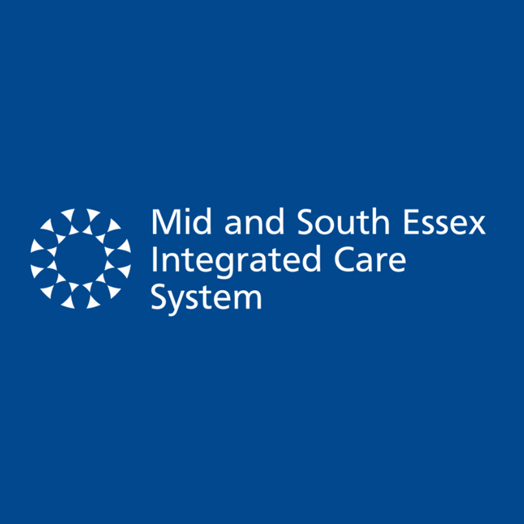 Mid and South Essex Integrated Care System white text logo on a blue background