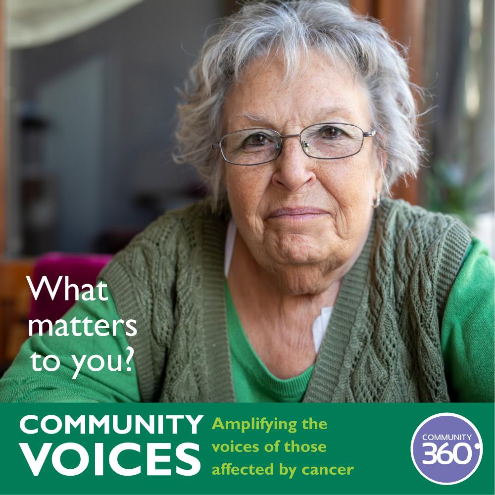 A thoughtful elderly woman with short gray hair, glasses, and a green sweater looks directly at the camera. The text on the image reads What matters to you? and Community Voices: Amplifying the voices of those affected by cancer.