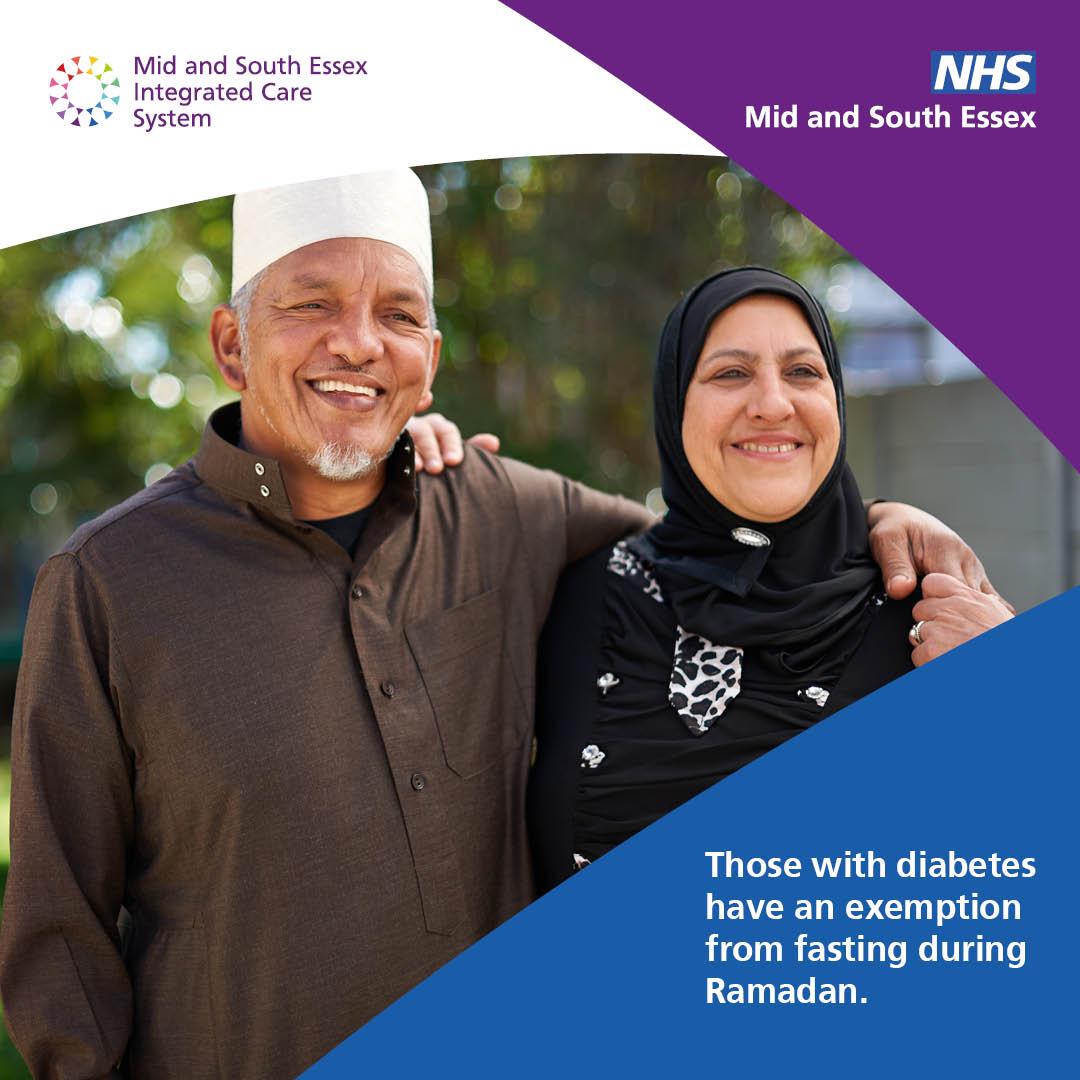 Two Muslims smiling. White text in the bottom right corner on blue background reads: Those with diabetes have an exemption from fasting during Ramadan.