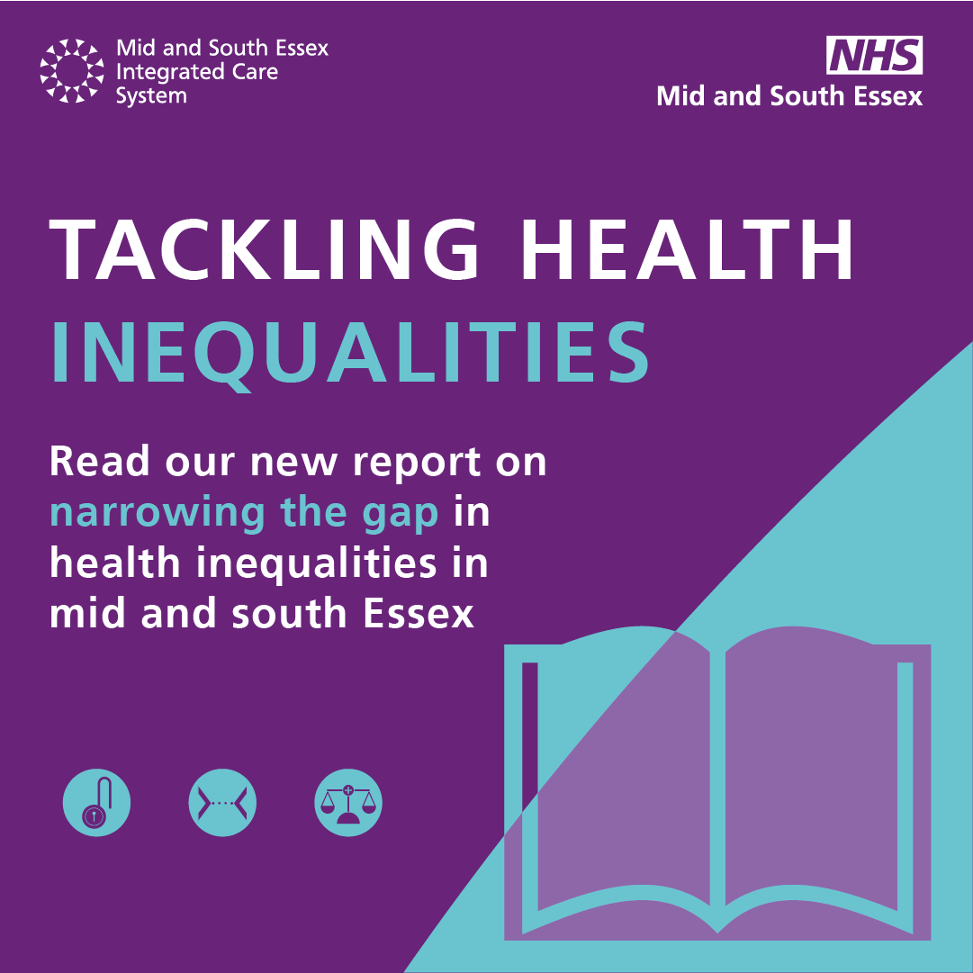 Text reads tackling health inequalities on a purple background with a document icon in turquoise