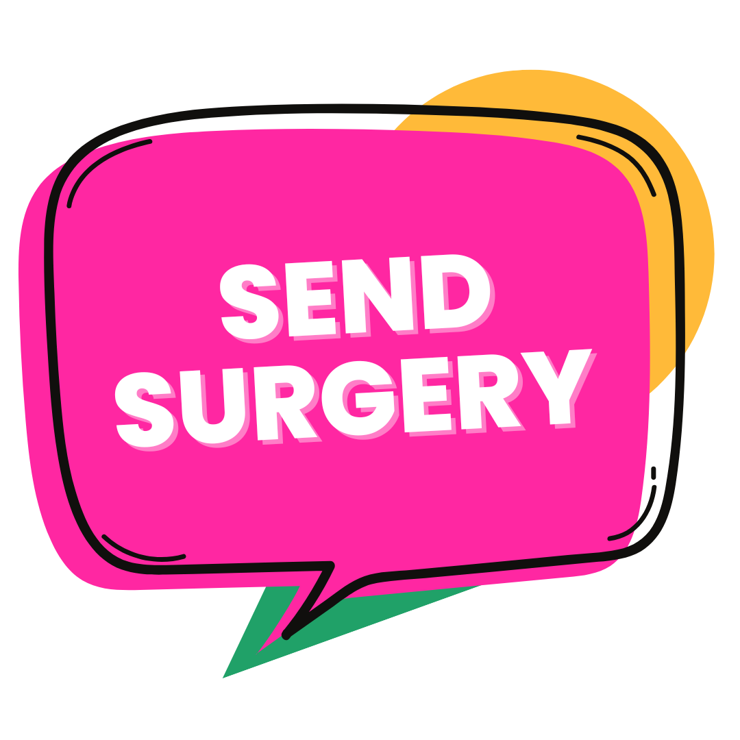 Send surgeries logo, Pink speech mark with the text SEND Surgery