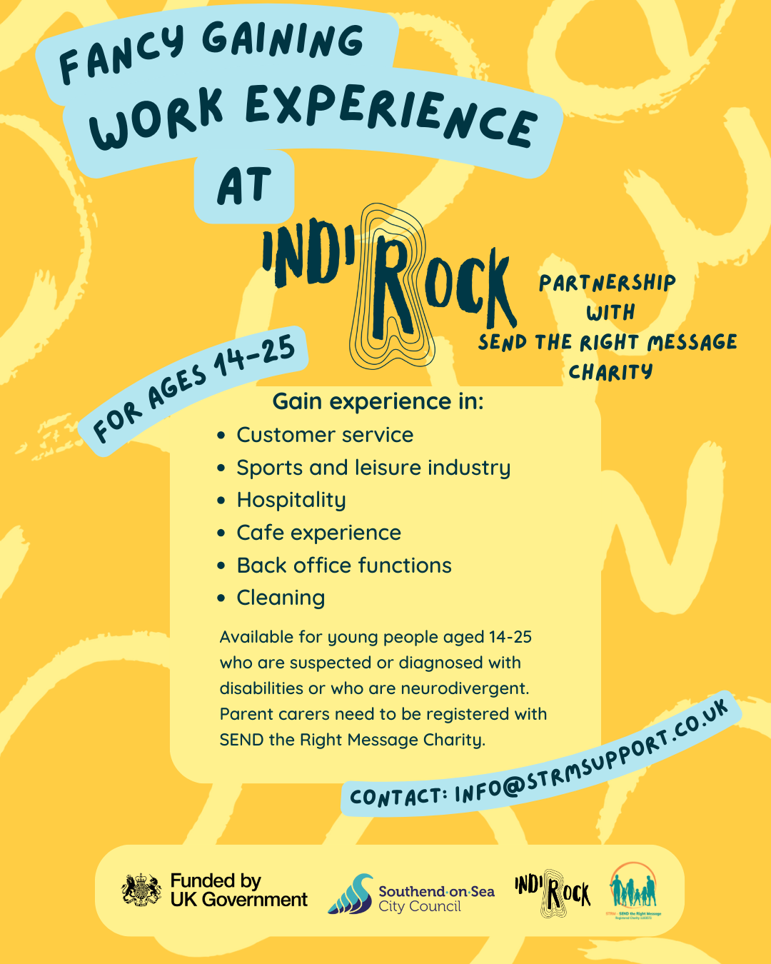 Yellow poster promoting work experience opportunities at Indirock