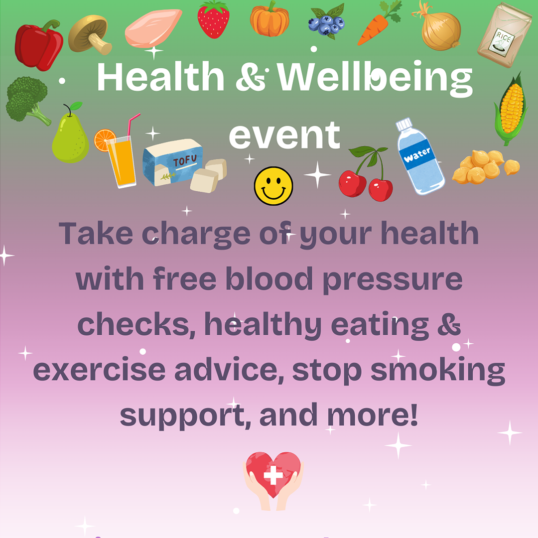 Text reads Health and wellbeing event with images of healthy food and a smiley emoji.